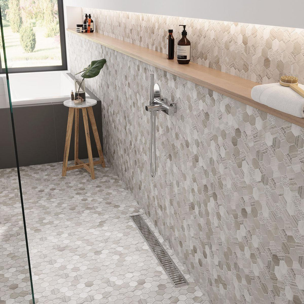 Textured Wooden Beige Honeycomb Hexagon Marble Mosaic Tile | Tile Club