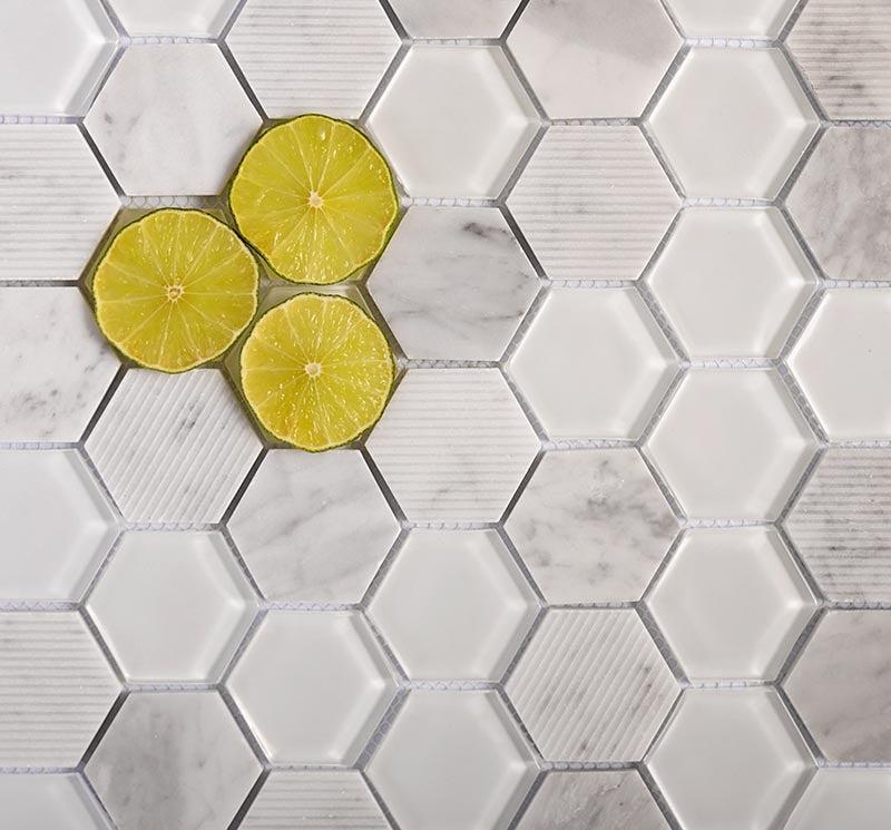 Textured Carrara And Glass Hexagon Mosaic Tile | Tile Club