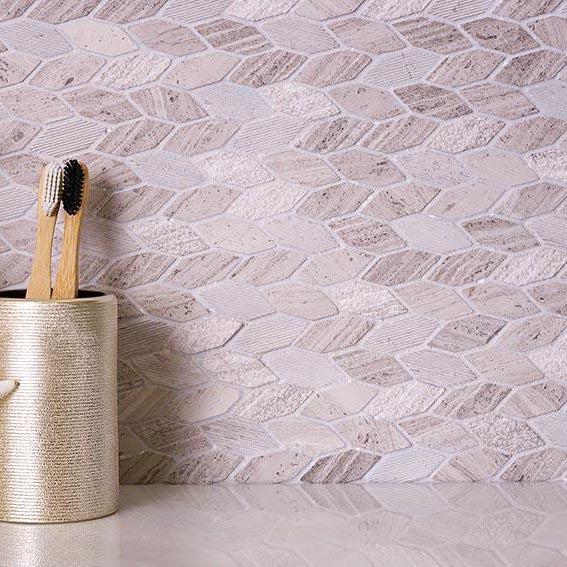 Textured Crema Marfil Leaf Marble Mosaic Tile