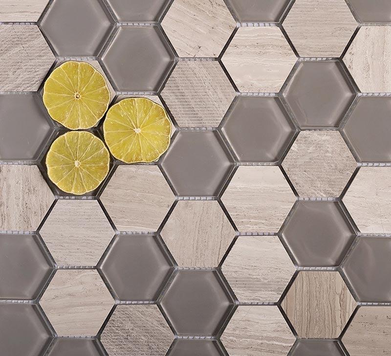 Textured Wooden Beige And Glass Hexagon Mosaic Tile | Tile Club