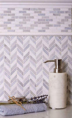 10.9" x 12.2" Thassos Carrara And Azul Cielo Mini Chevron Marble Mosaic Tile 2