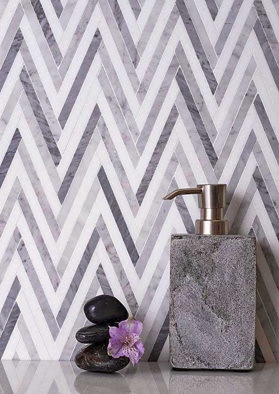 Thassos Carrara And Bardiglio Striped Chevron Mosaic Tile