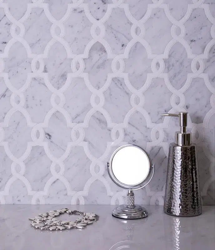 11" x 12.7" Thassos White Chains Mosaic Tile luxury wall design