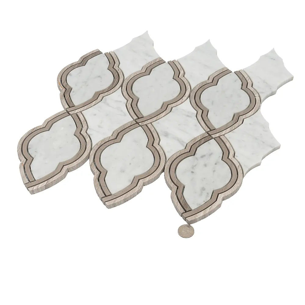 Carrara Arabesque Tile With Wooden Beige Lines | Tile Club
