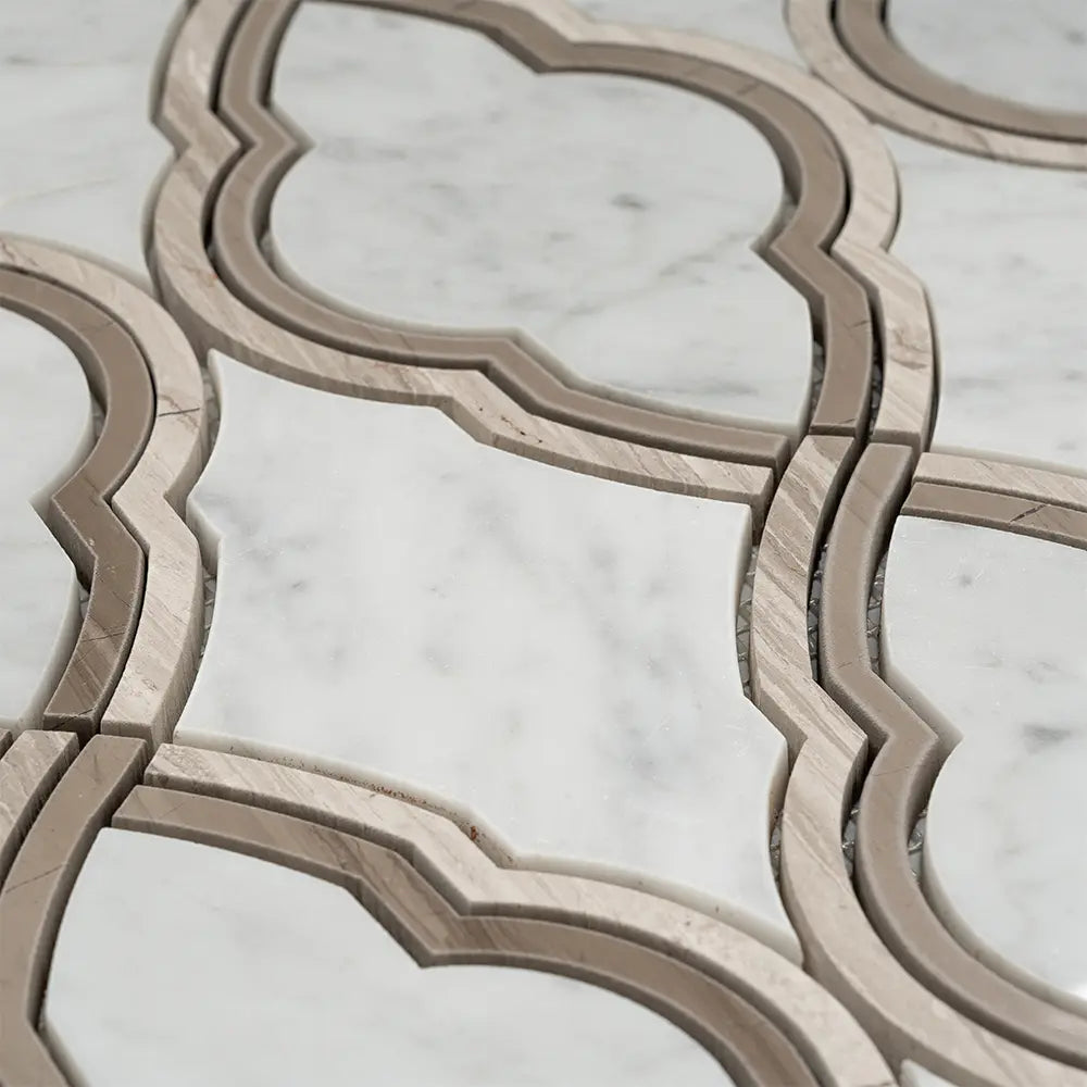 Carrara Arabesque Tile With Wooden Beige Lines | Tile Club