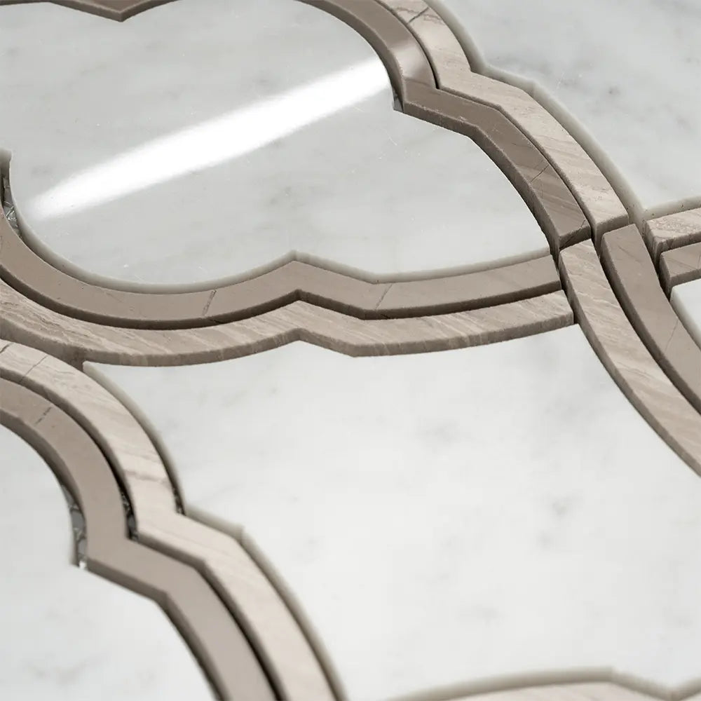 Carrara Arabesque Tile With Wooden Beige Lines | Tile Club