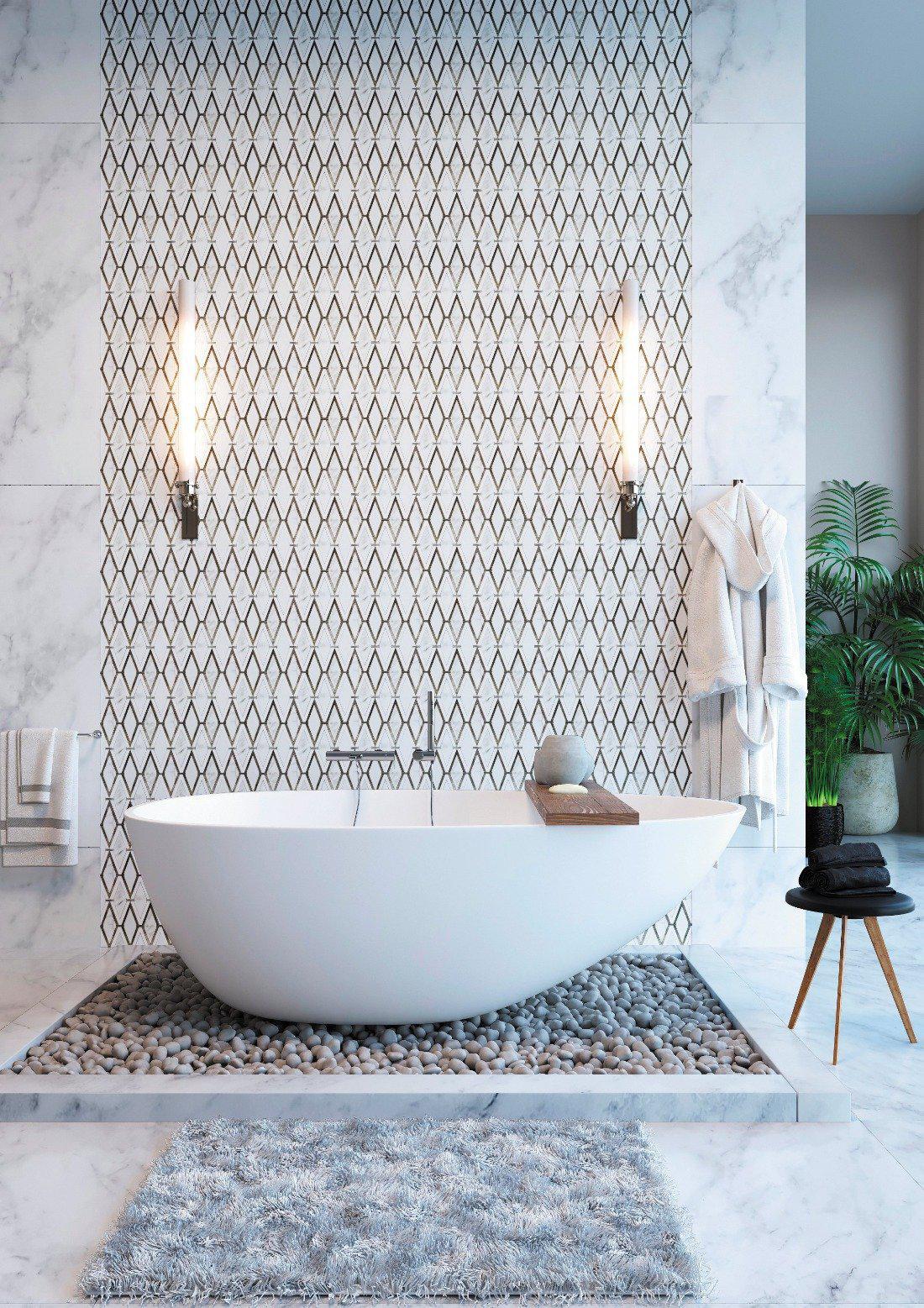 Medieval Diamonds Calacatta Gold & Lagos Azul Mosaic Tile Modern Bathroom Accent Wall