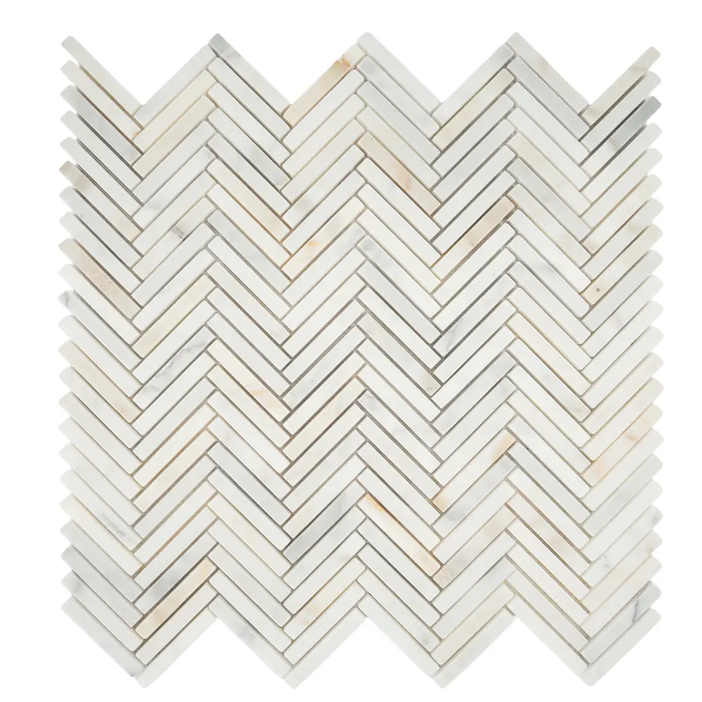 Calacatta Gold Skinny Herringbone Mosaic Tile | Tile Club
