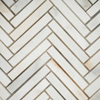 Calacatta Gold Skinny Herringbone Mosaic Tile | Tile Club
