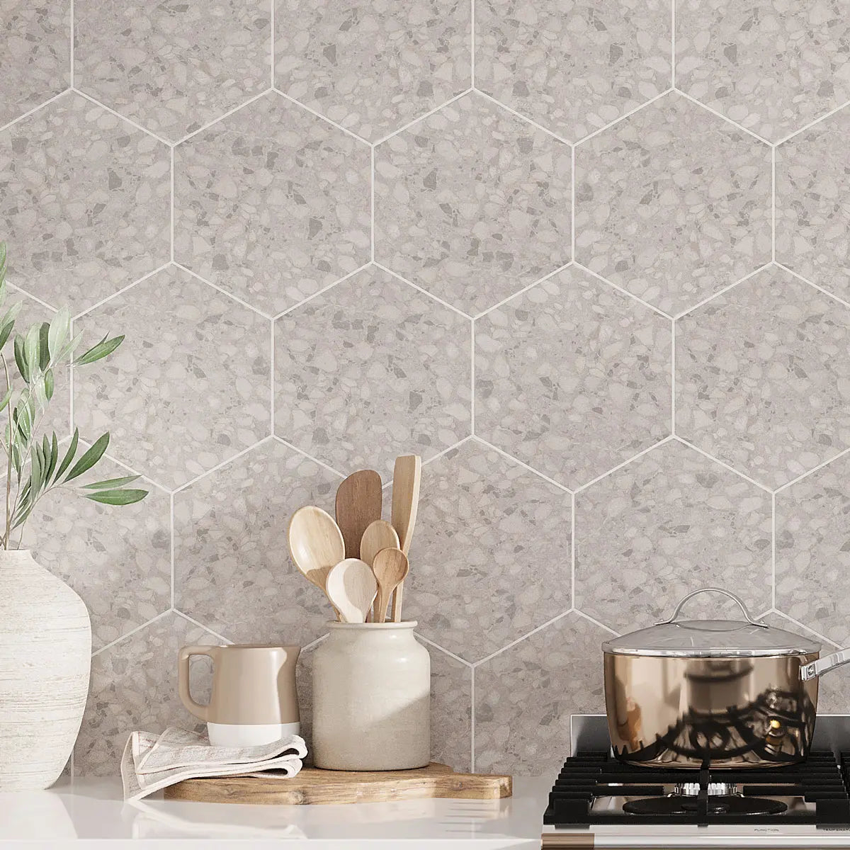 Tundra Snow Terrazzo Hex Porcelain Tile
