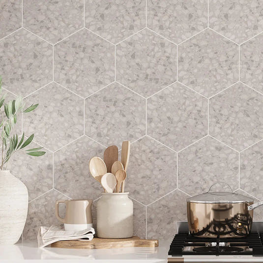 Tundra Snow Terrazzo Hex Porcelain Tile