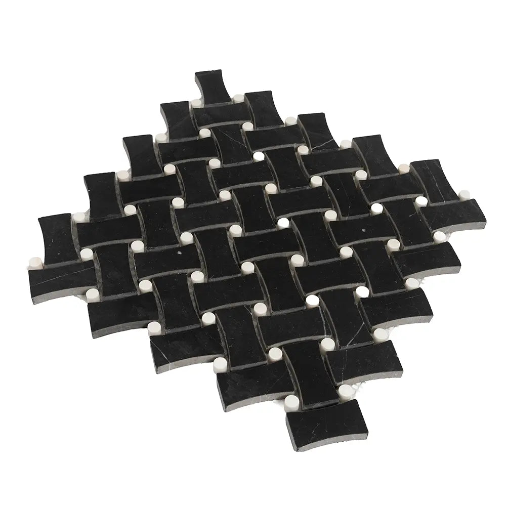 Nero Marquina Curved Basket Weave With White Dots Marble Mosaic Tile | Tile Club