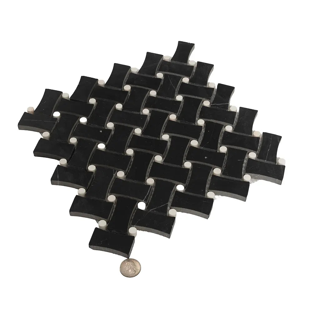 Nero Marquina Curved Basket Weave With White Dots Marble Mosaic Tile | Tile Club