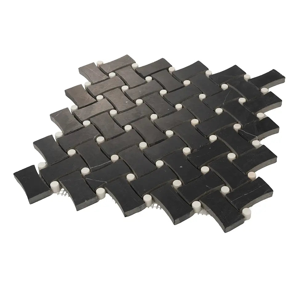 Nero Marquina Curved Basket Weave With White Dots Marble Mosaic Tile | Tile Club