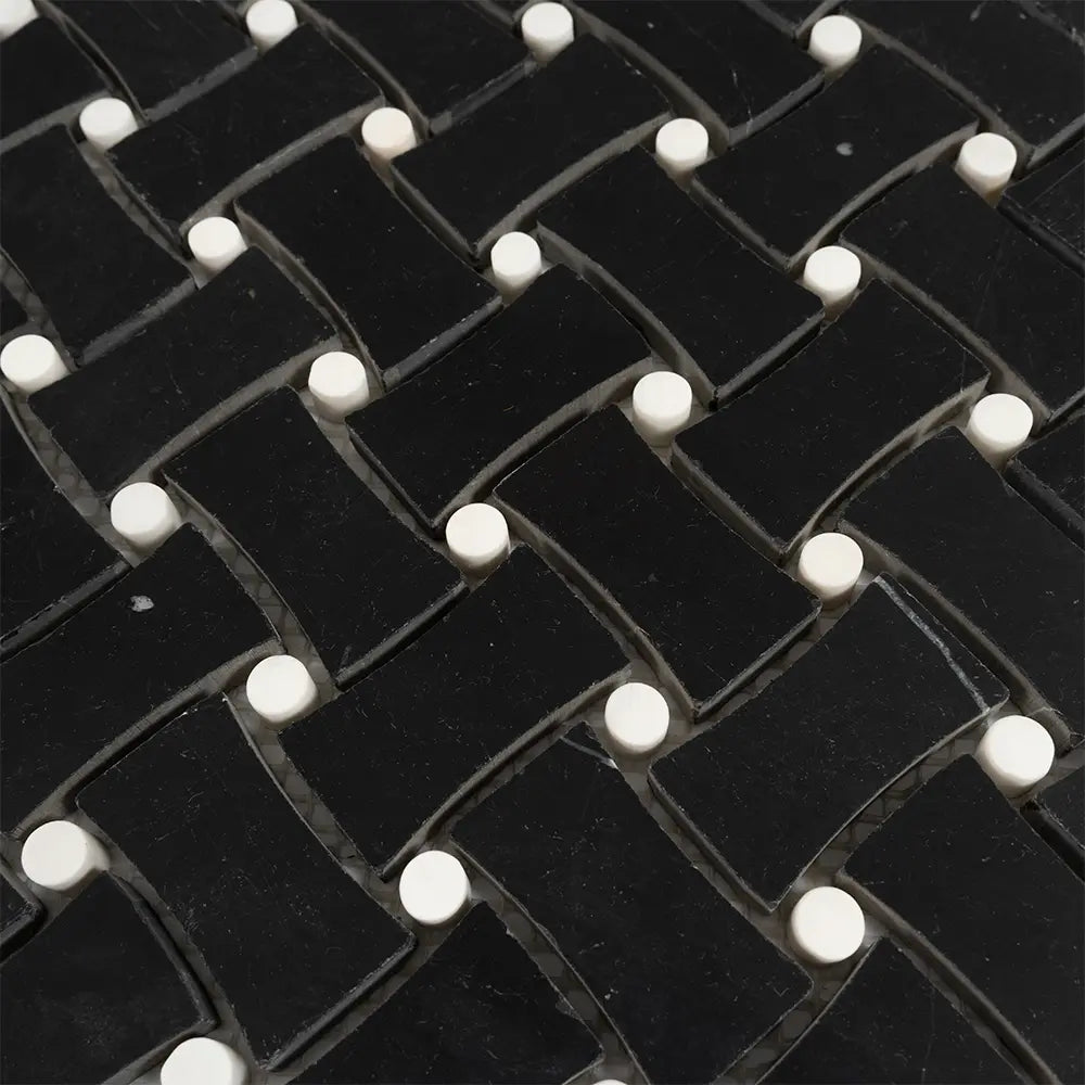 Nero Marquina Curved Basket Weave With White Dots Marble Mosaic Tile | Tile Club
