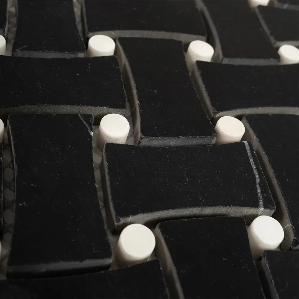Nero Marquina Curved Basket Weave With White Dots Marble Mosaic Tile | Tile Club
