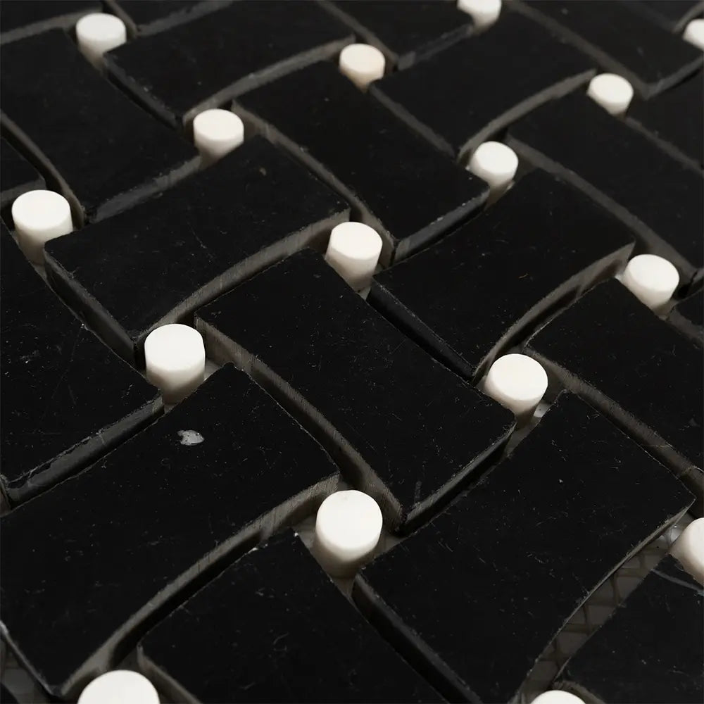 Nero Marquina Curved Basket Weave With White Dots Marble Mosaic Tile | Tile Club