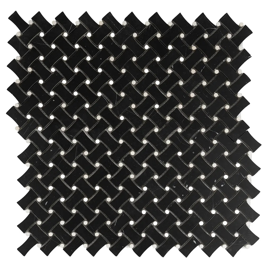Nero Marquina Curved Basket Weave With White Dots Marble Mosaic Tile | Tile Club