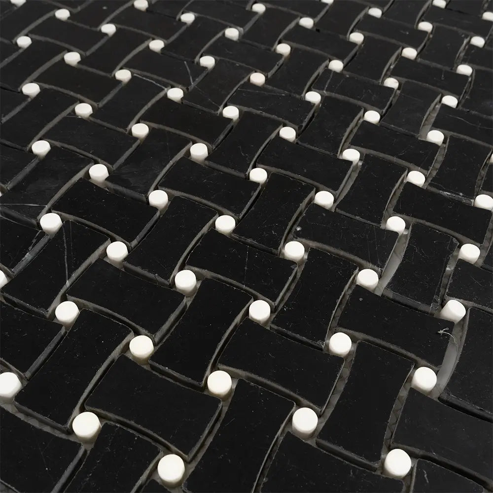 Nero Marquina Curved Basket Weave With White Dots Marble Mosaic Tile | Tile Club