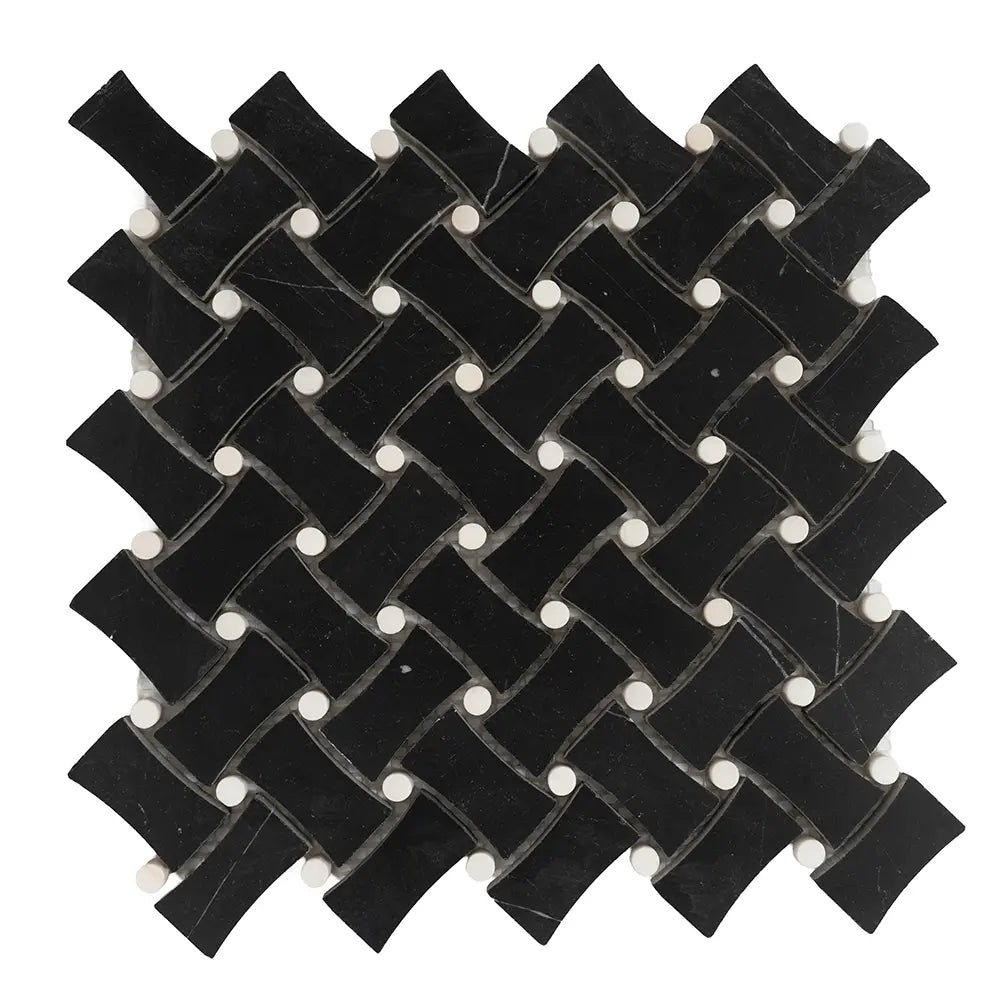 Nero Marquina Curved Basket Weave With White Dots Marble Mosaic Tile | Tile Club