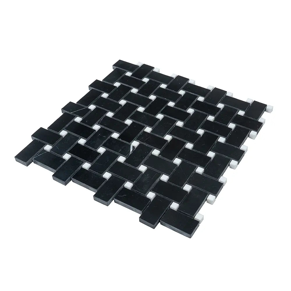 Nero Marquina Basket Weave With White Dot Marble Mosaic Tile | Tile Club