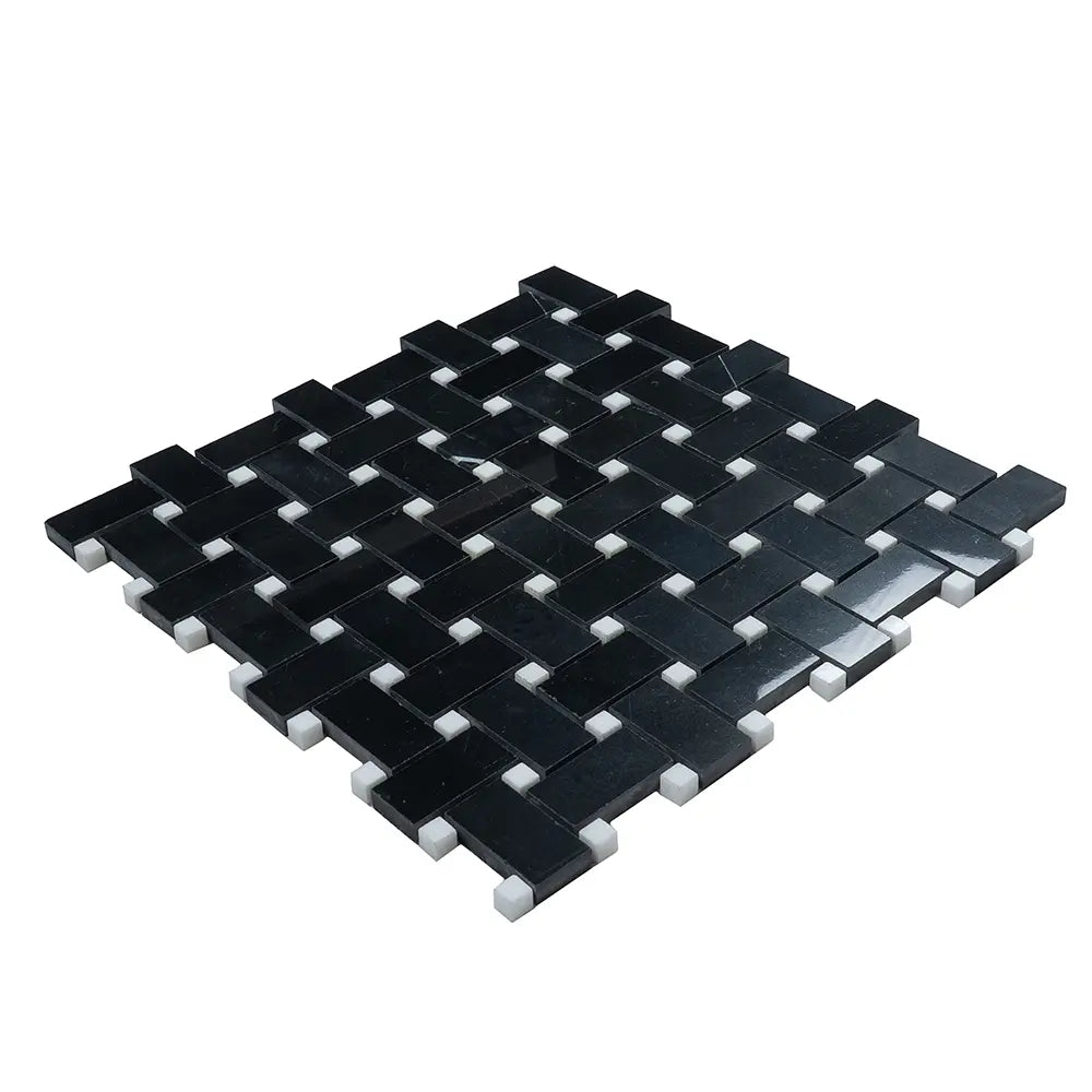 Nero Marquina Basket Weave With White Dot Marble Mosaic Tile | Tile Club