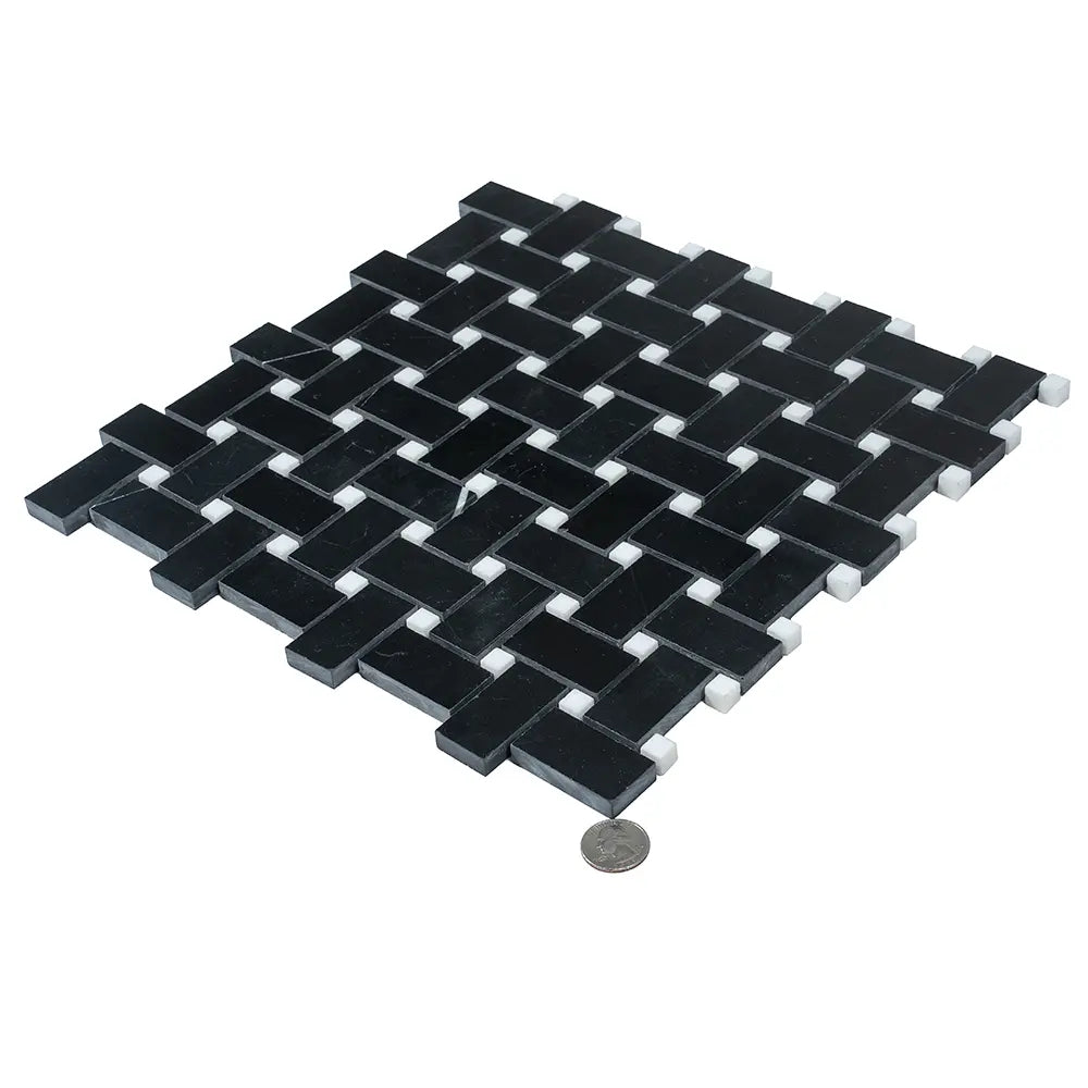 Nero Marquina Basket Weave With White Dot Marble Mosaic Tile | Tile Club