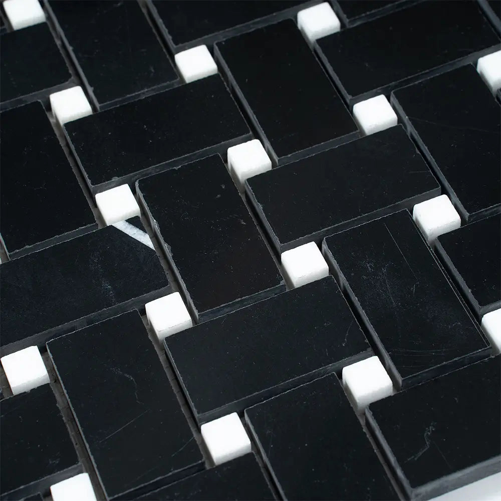Nero Marquina Basket Weave With White Dot Marble Mosaic Tile | Tile Club