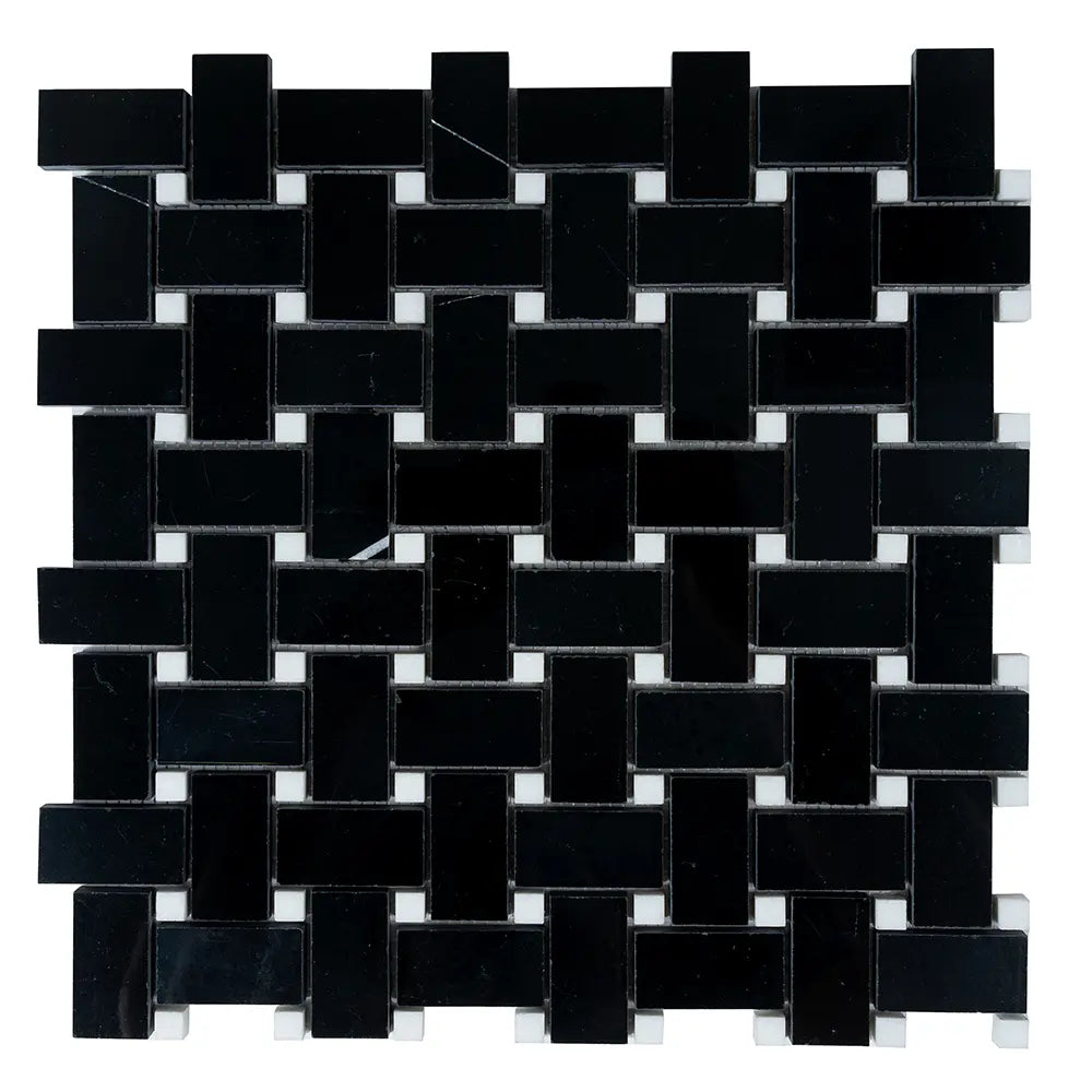 Nero Marquina Basket Weave With White Dot Marble Mosaic Tile | Tile Club