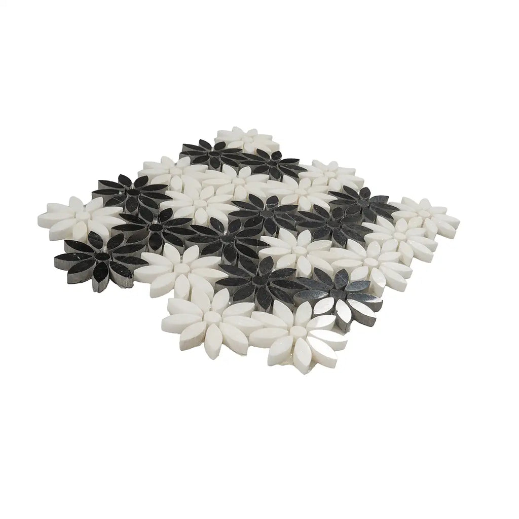 Meadow Black and White Flower Marble Mosaic Tile | Tile Club