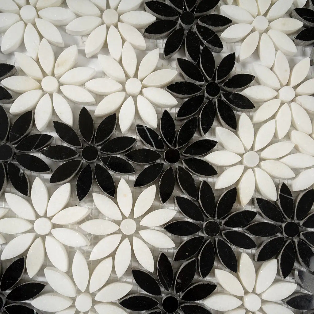 Meadow Black and White Flower Marble Mosaic Tile | Tile Club
