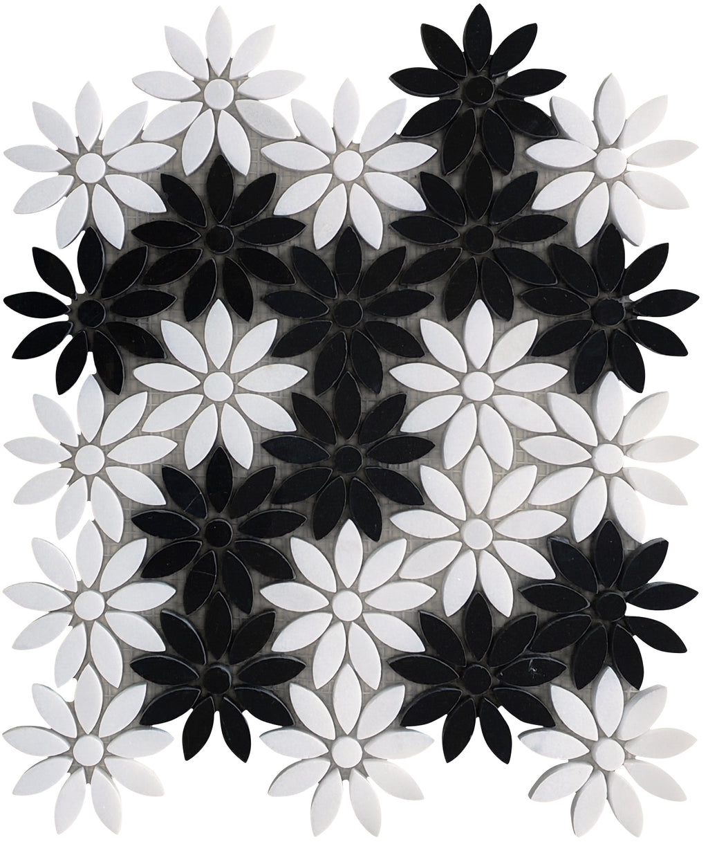 Meadow Black and White Flower Marble Mosaic Tile | Tile Club