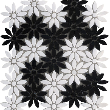 Meadow Black and White Flower Marble Mosaic Tile