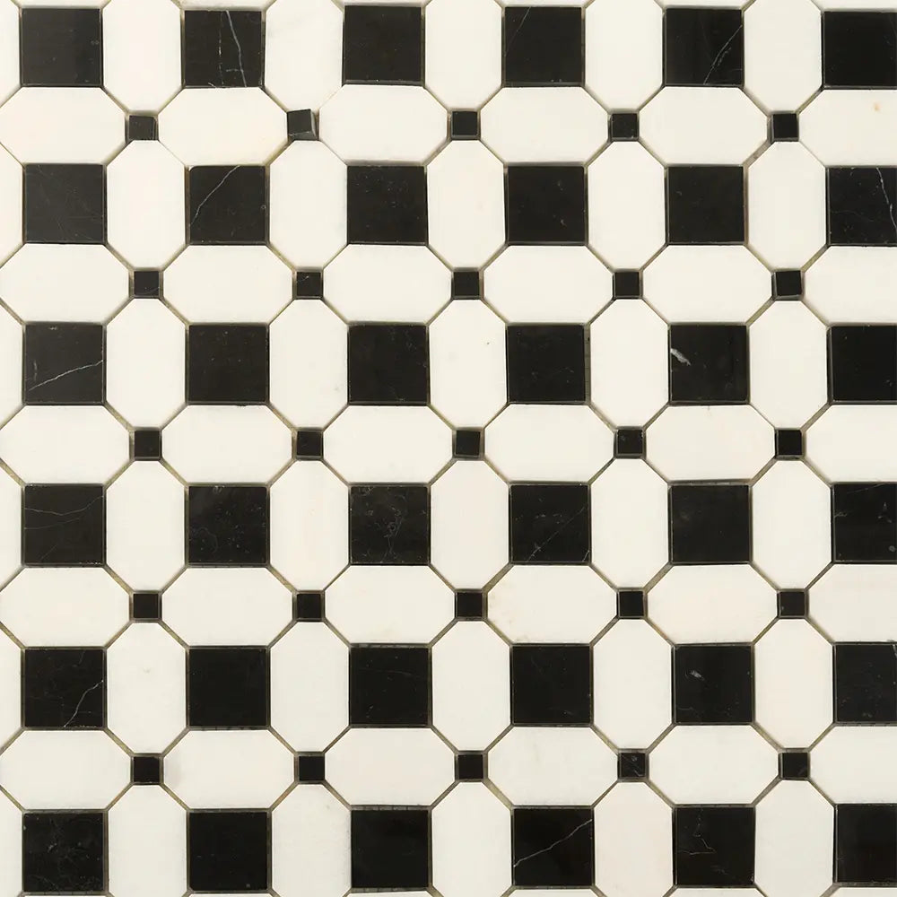 Thassos Octagon with Nero Marquina Squares Marble Mosaic Tile | Tile Club