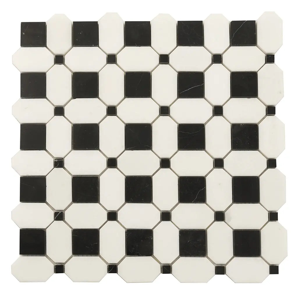 Thassos Octagon with Nero Marquina Squares Marble Mosaic Tile | Tile Club