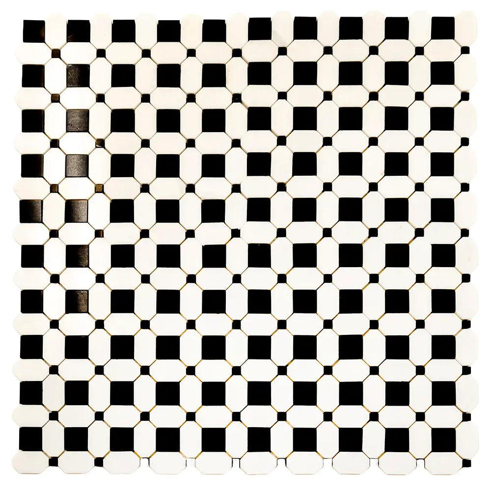 Thassos Octagon with Nero Marquina Squares Marble Mosaic Tile | Tile Club