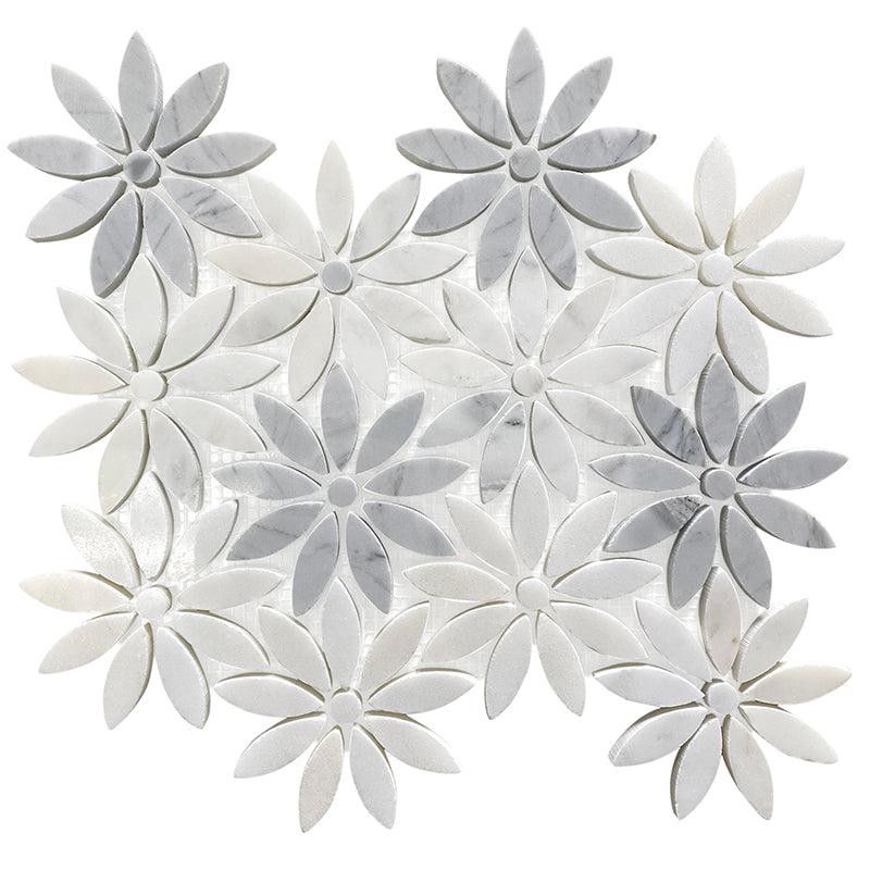 Eastern White and Bardiglio Flower Marble Tile | Neutral Mosaic