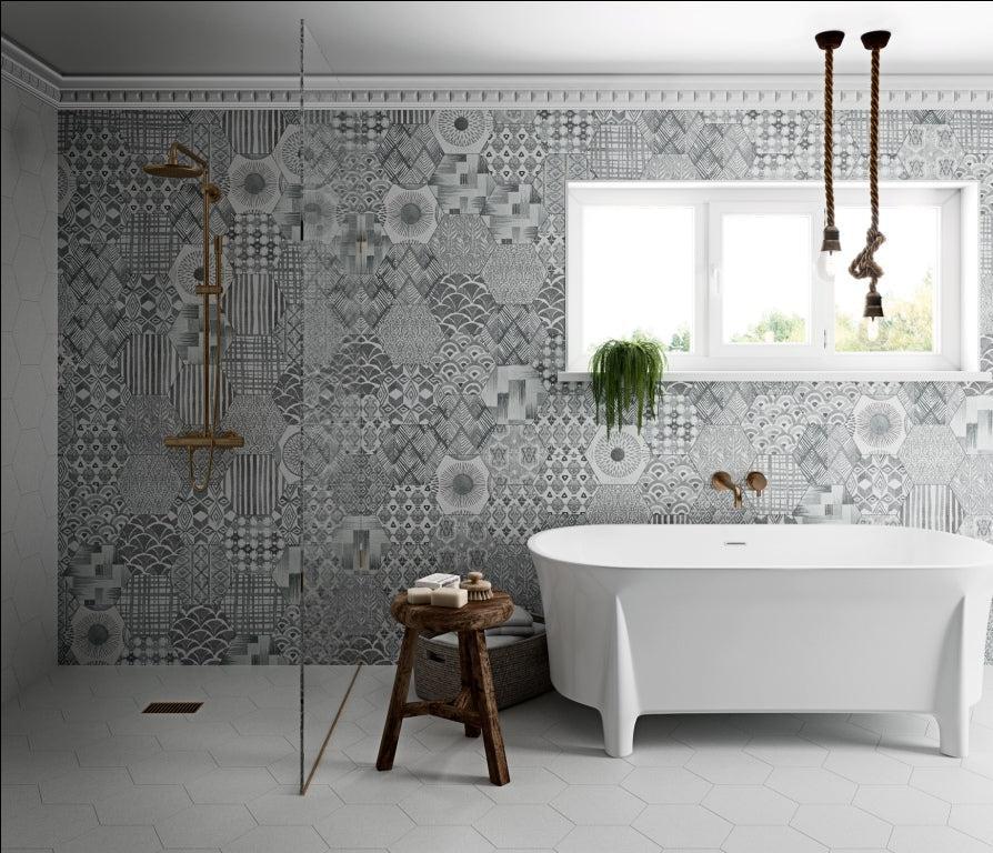 Bathroom Wall with Decorative Mixed Pattern Tex Gray Hexagon Pattern Tiles