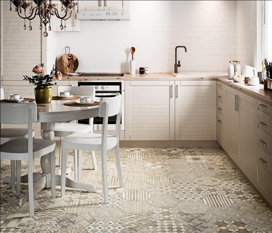 Neutral Decorative Kitchen Floor Tile with Tex Ivory Hexagon Pattern Natural
