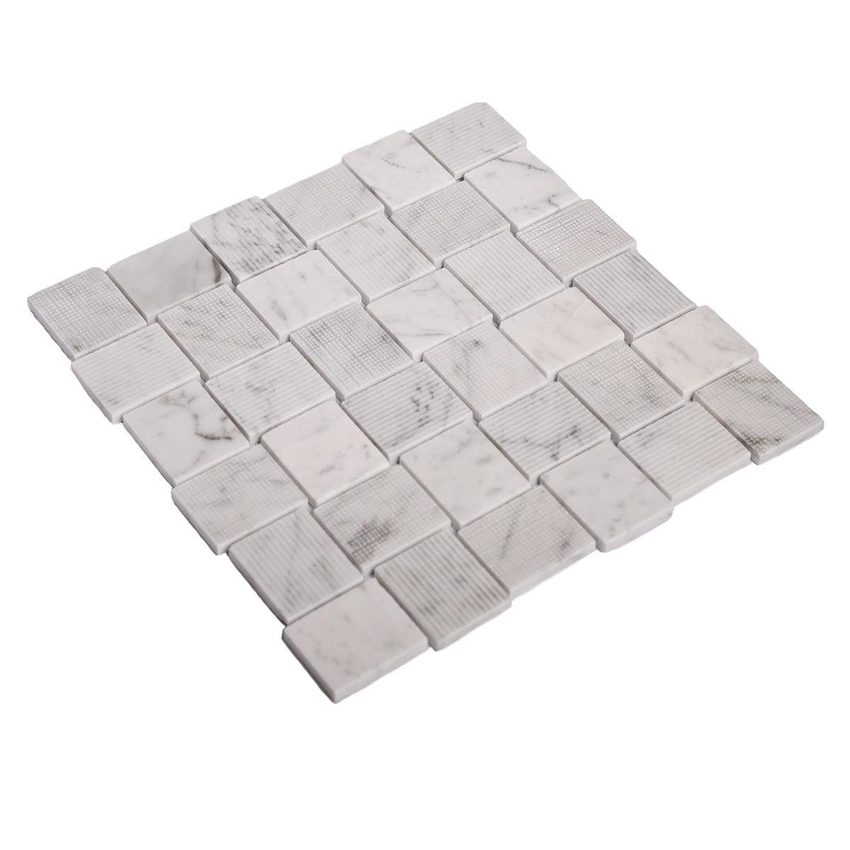 Textured Carrara Brick Marble Mosaic Tile | Tile Club