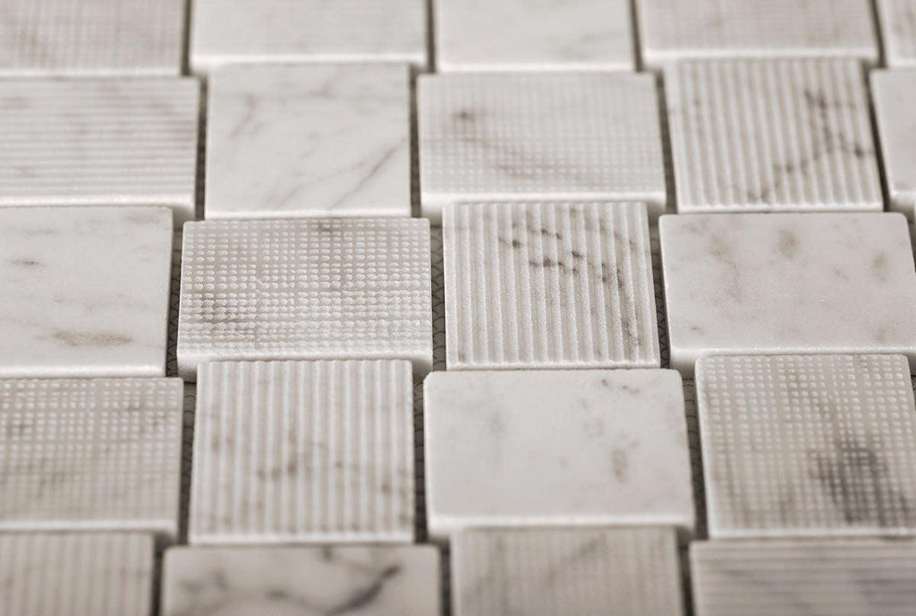 Textured Carrara Brick Marble Mosaic Tile | Tile Club