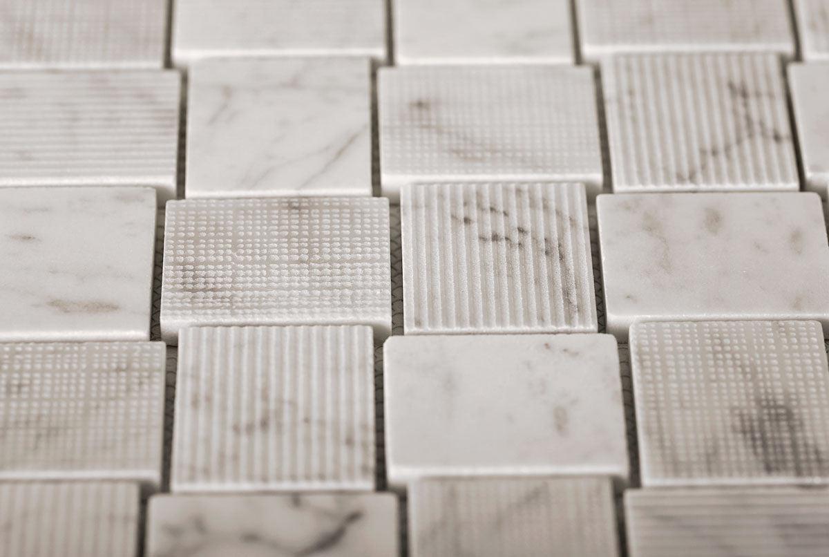 Textured Carrara Brick Marble Mosaic Tile | Tile Club