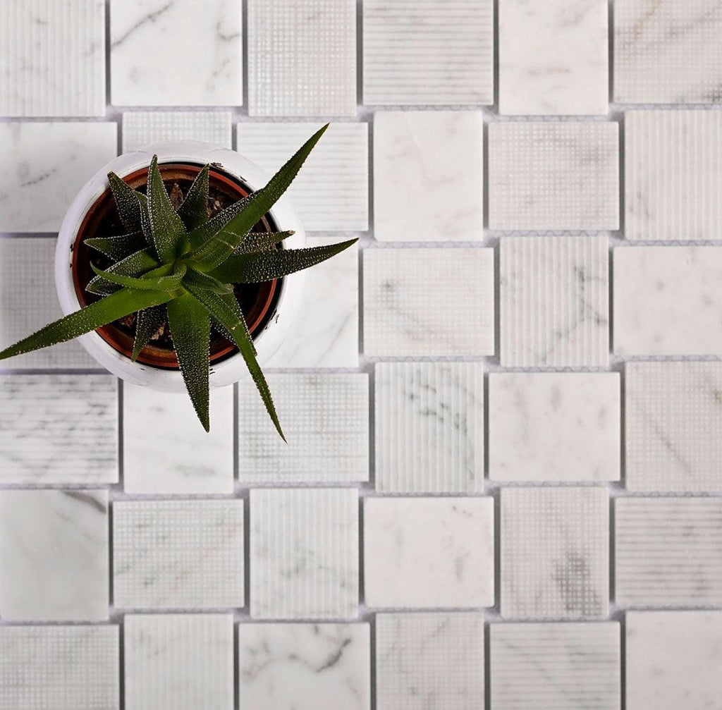 Textured Carrara Brick Marble Mosaic Tile | Tile Club