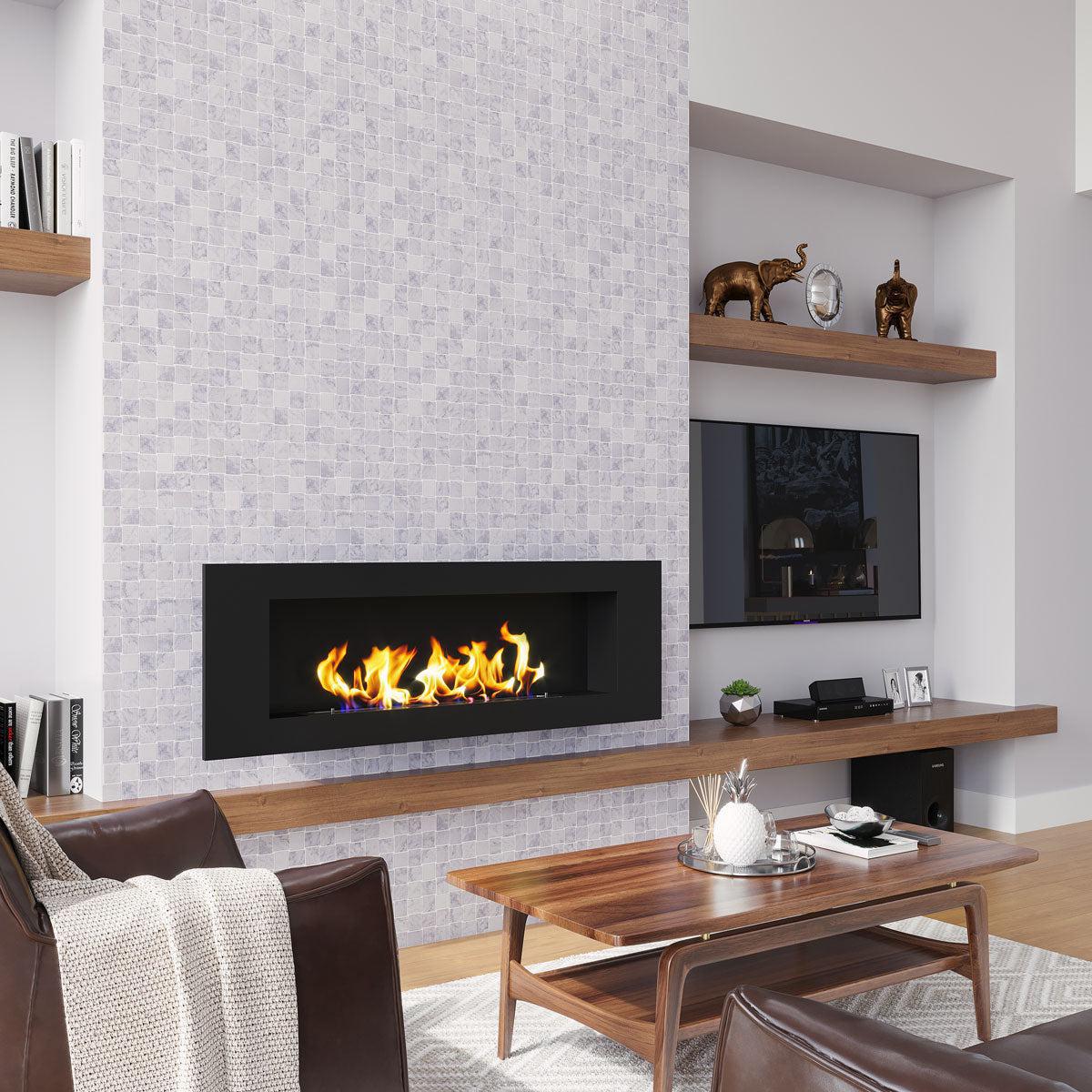 Modern Living Room with Natural Wood Details and  Textured Carrara Brick Marble Mosaic Tile Fireplace Surround