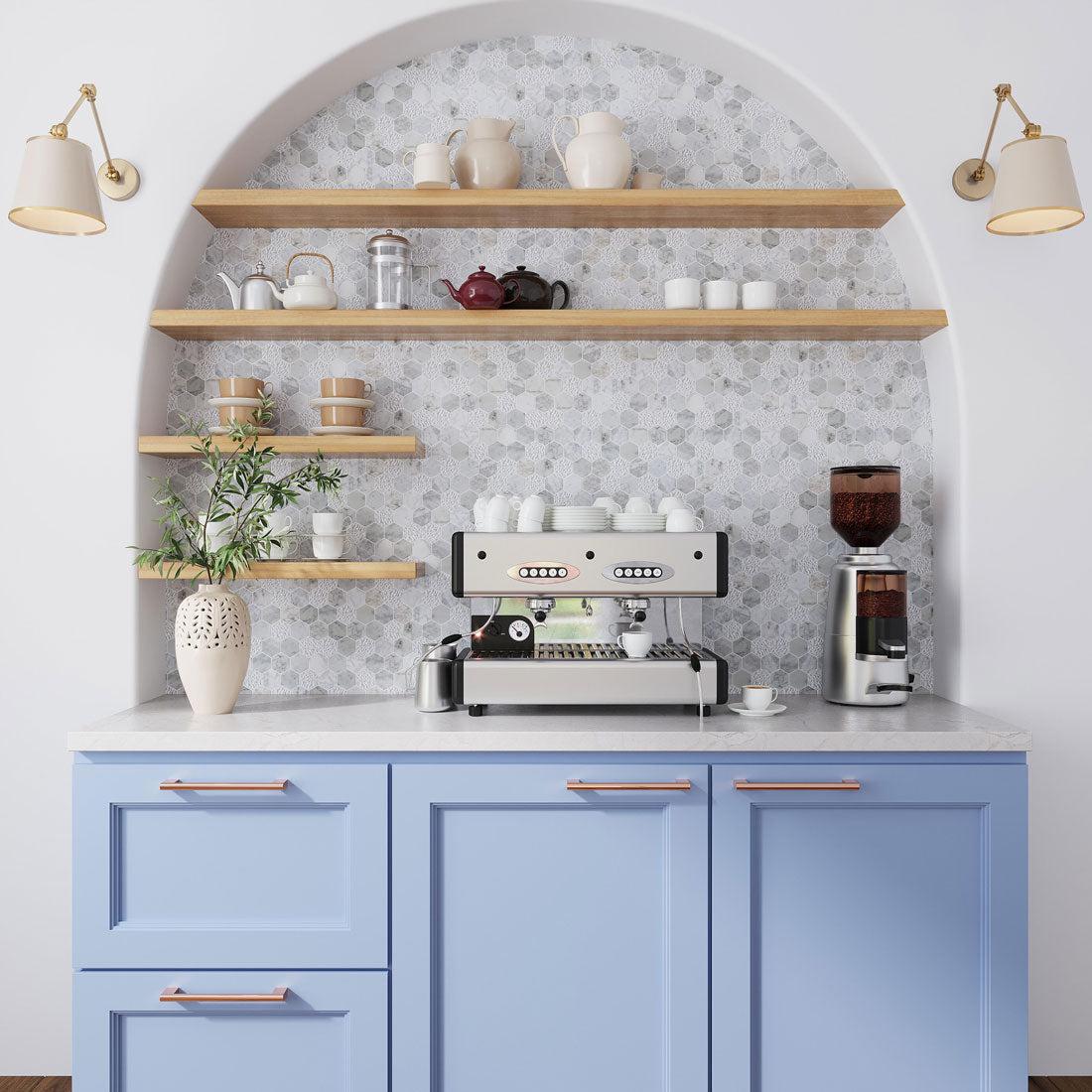 Arched Coffee Nook with Textured Carrara Honeycomb Hexagon Marble Mosaic Tile Backsplash and Floating Wood Shelves