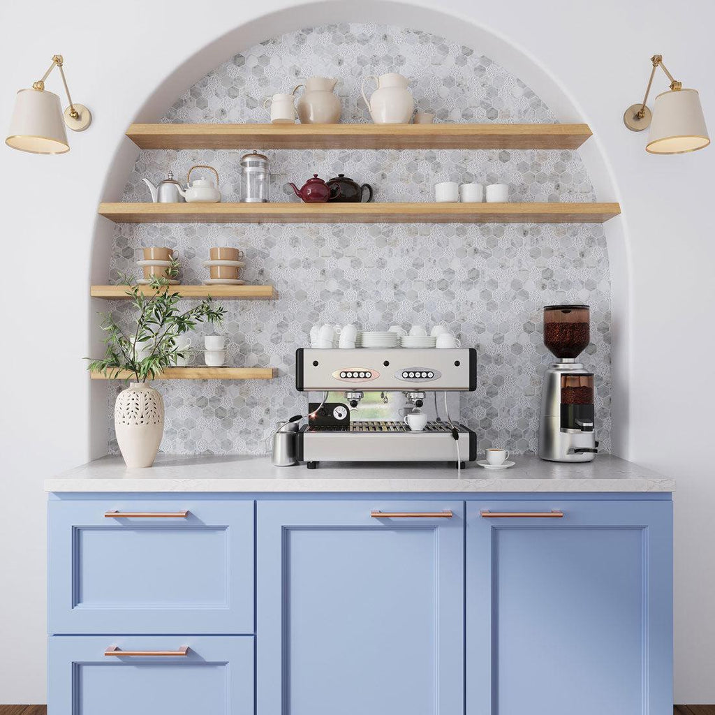 Arched Coffee Nook with Textured Carrara Honeycomb Hexagon Marble Mosaic Tile Backsplash and Floating Wood Shelves