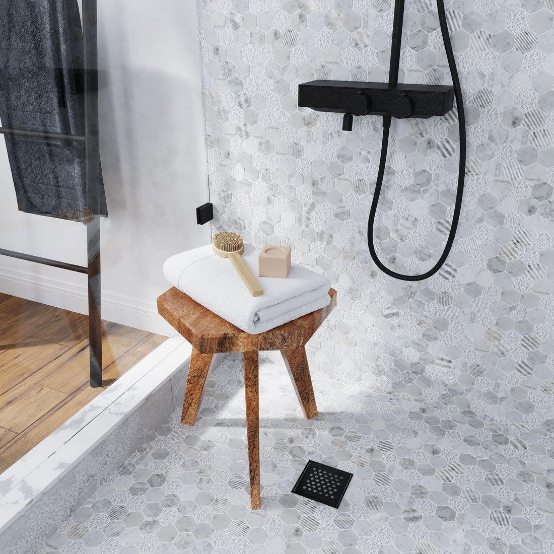 Textured Carrara Honeycomb Hexagon Marble Mosaic Tile | Tile Club