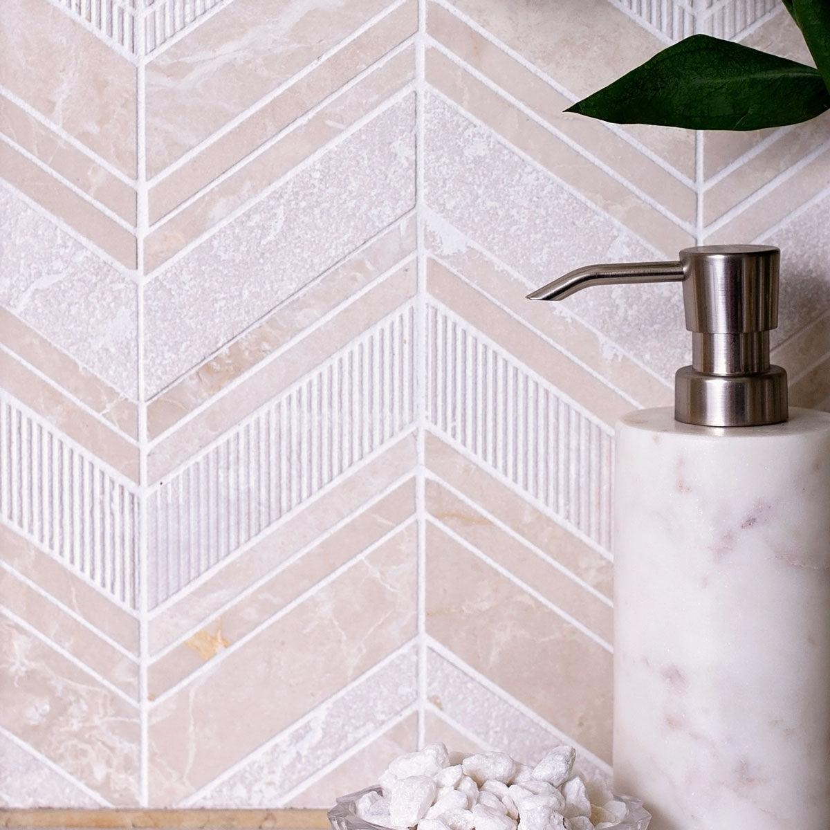 Textured Crema Marfil Chevron Marble Mosaic Tile