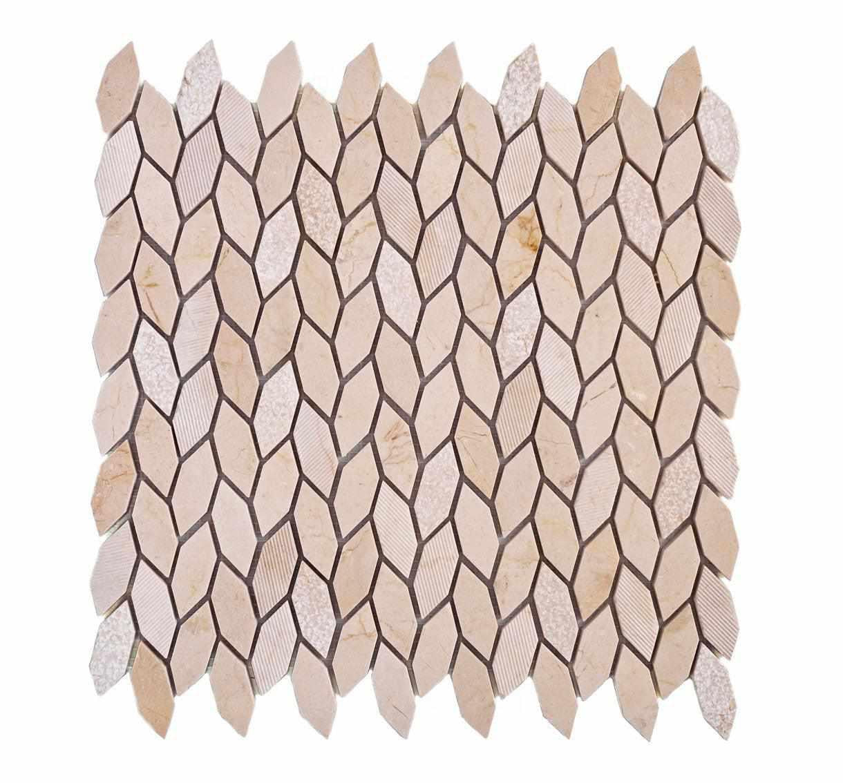 Textured Crema Marfil Leaf Marble Mosaic Tile Sample