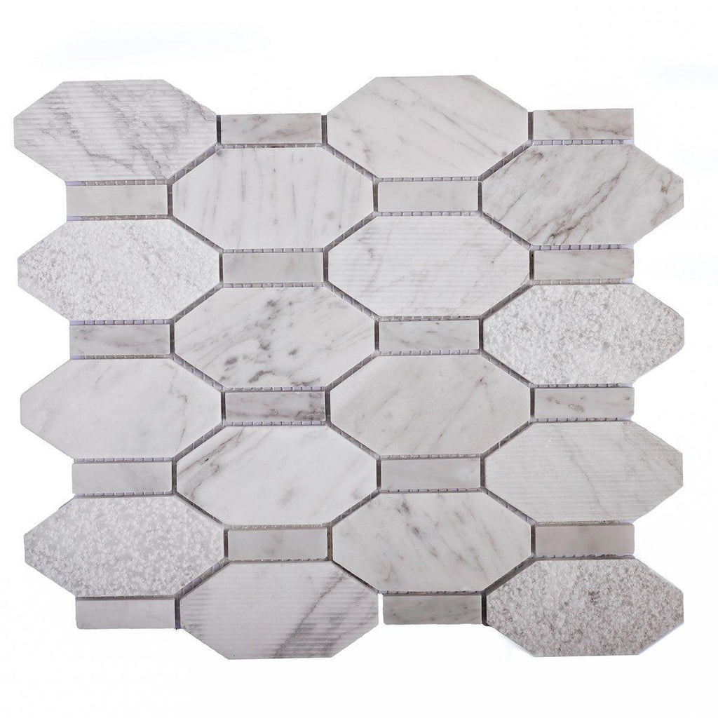 Textured Elongated Carrara Hexagon Marble Mosaic Tile | Tile Club